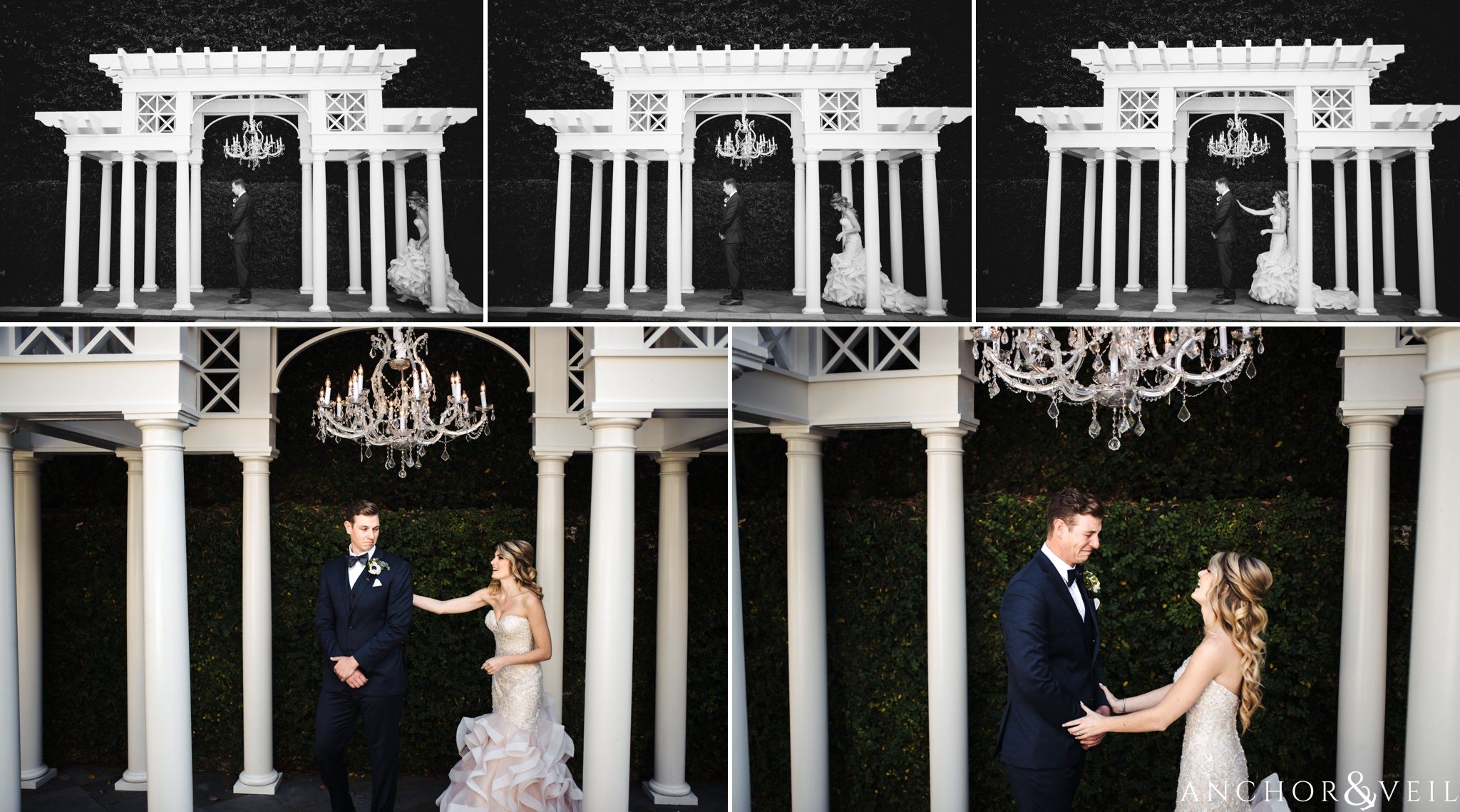 first look with the columns during their William Aiken house Wedding in Charleston Sc