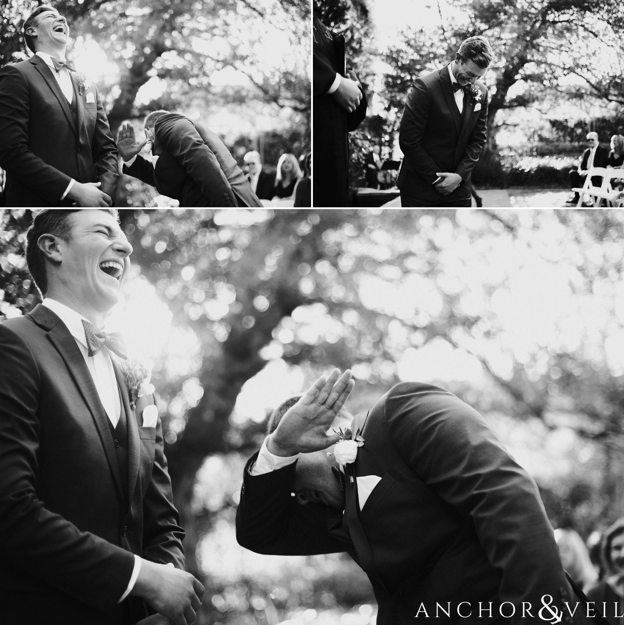 groomsmen dab on groom during ceremony during their William Aiken house Wedding in Charleston Sc