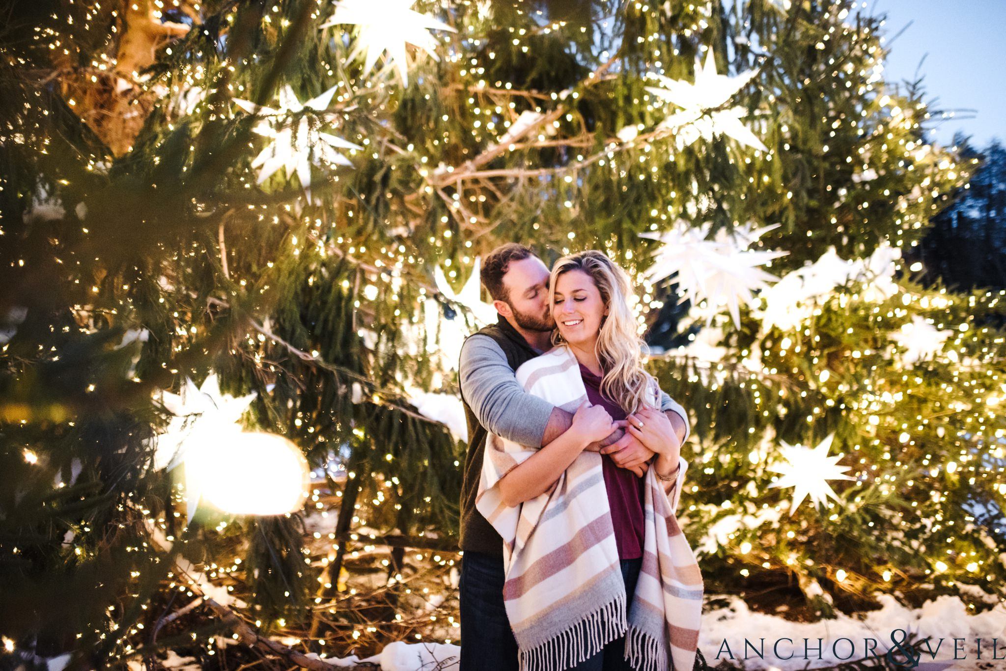 in the Christmas tree during their Snowy Biltmore Engagement Session