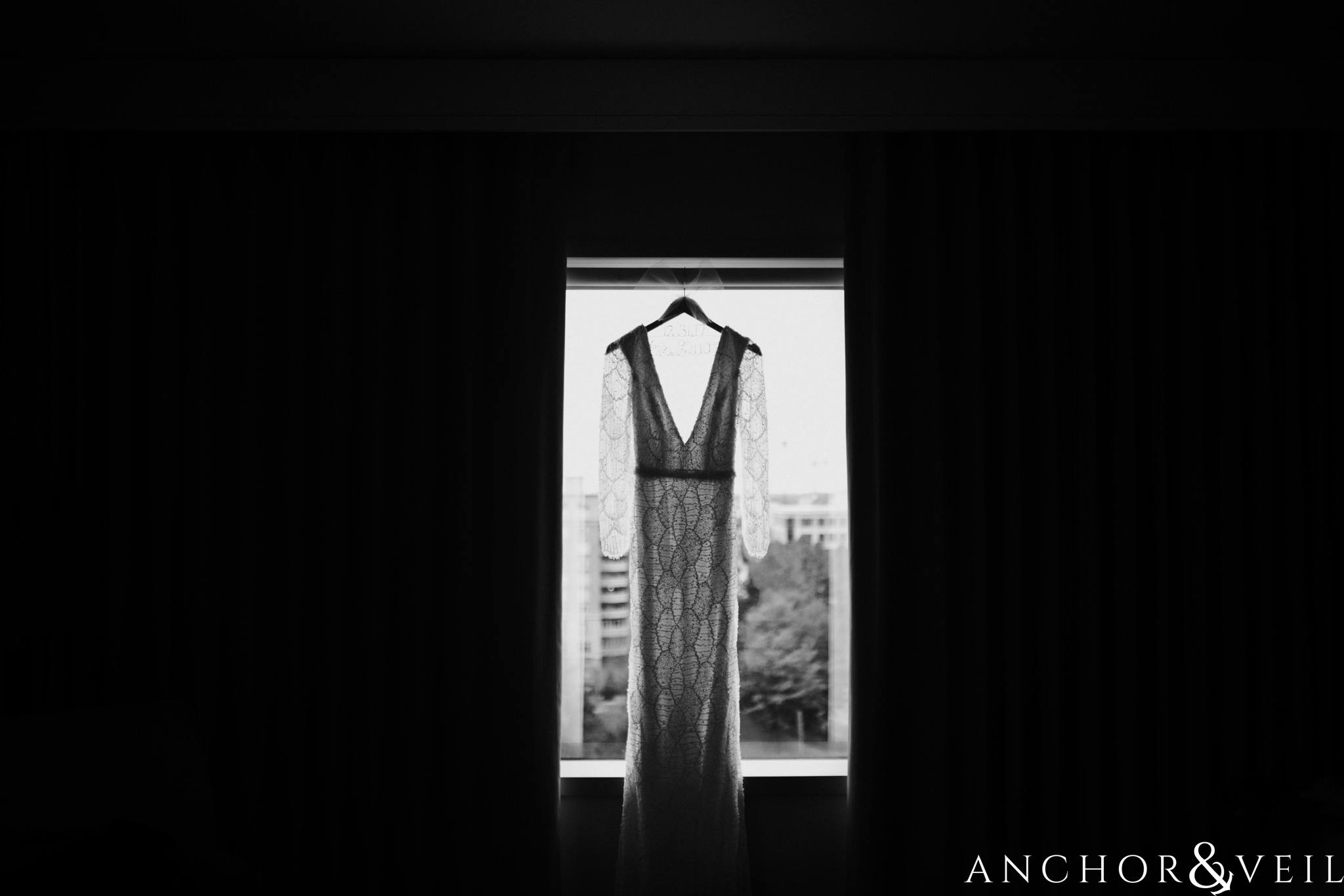brides dress at the Westin during their New Years Even uptown Charlotte Wedding