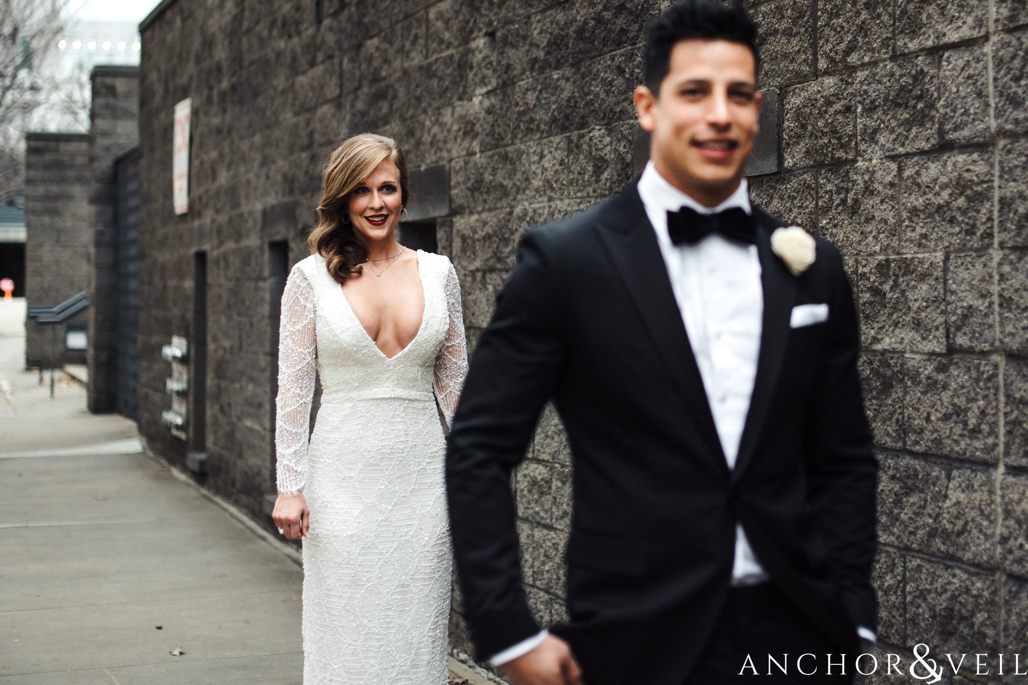 first look during their New Years Even uptown Charlotte Wedding