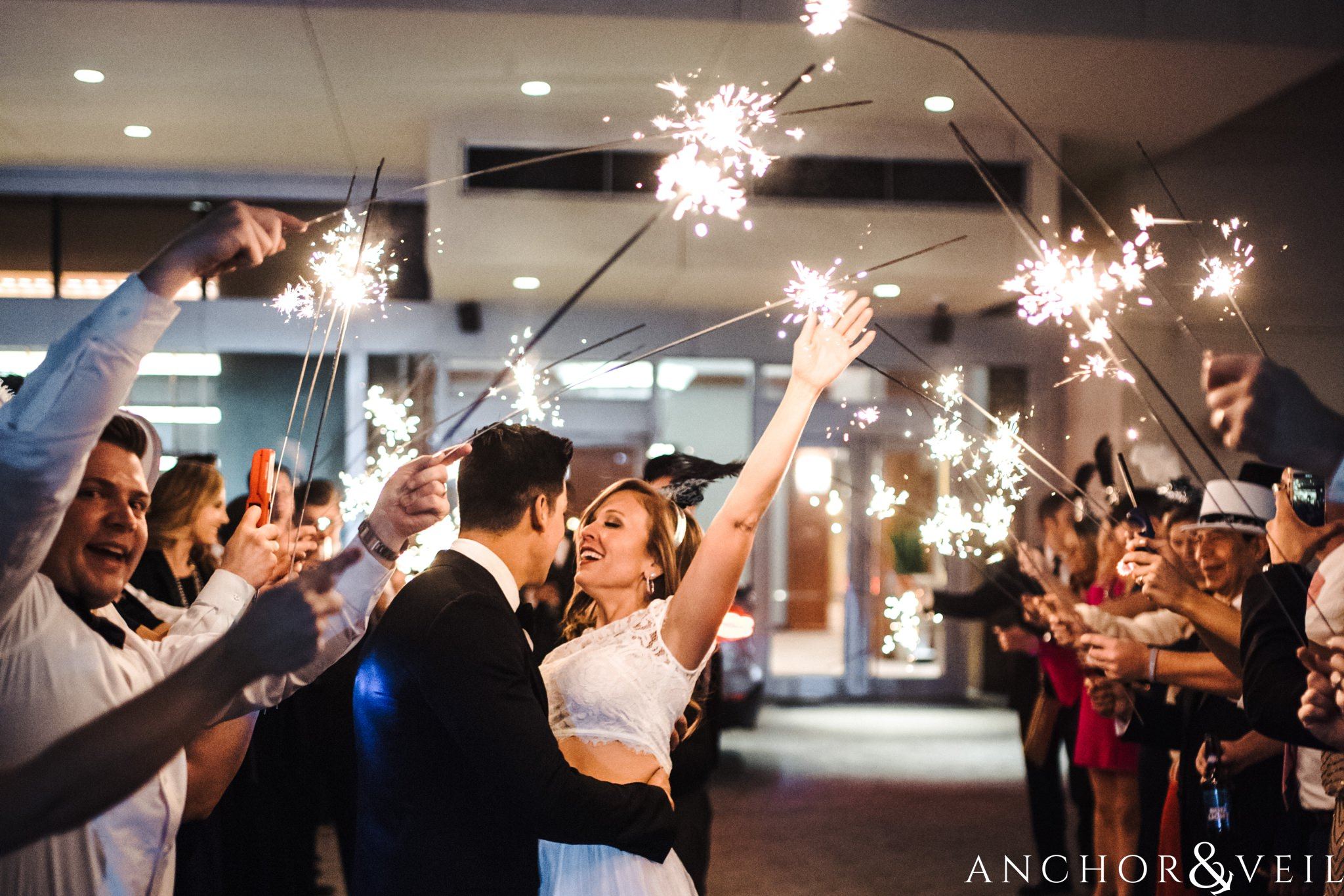 Sparkler Exit at the Westin during their New Years Even uptown Charlotte Wedding