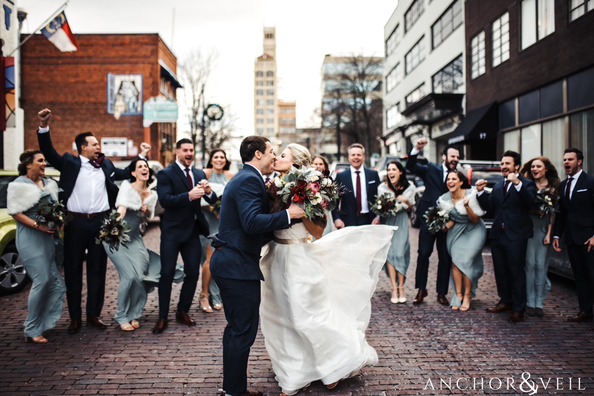 cobble stone streets during their Downtown Asheville Wedding