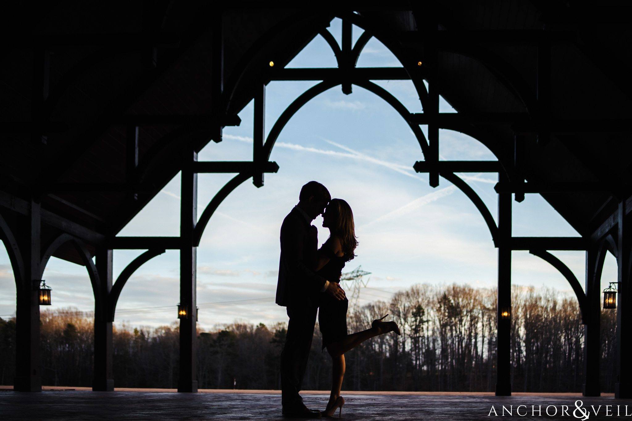 pavilion silhouette during their Dale Earnhardt Inc Engagement Session Mooresville