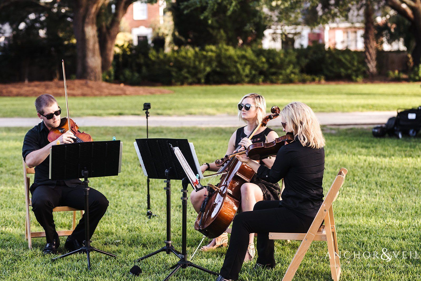 The musical trio at the Lowndes Grove Plantation Wedding