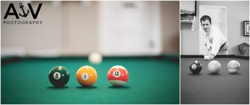 Pool balls with the wedding date as the groom plays pool before the ceremony at the winmock at kinderton in Winston Salem
