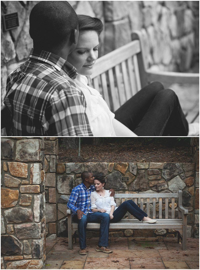 On the bench at the entrance of the Duke Gardens during the engagement session