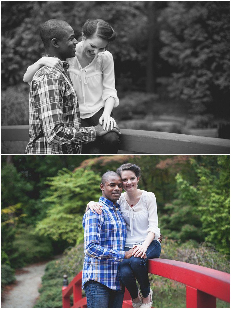 Sitting on the red bridge at the duke gardens during the engagement session