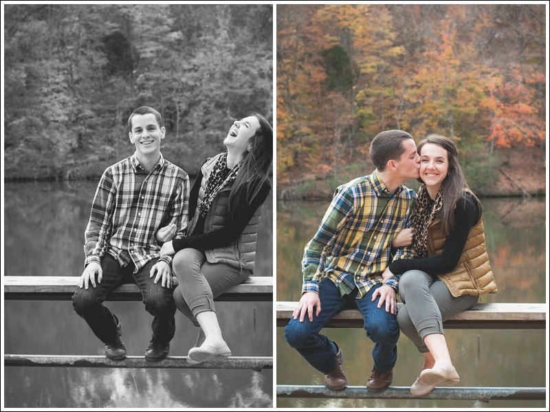 Having fun at the dock over the lake during the fall engagement session at reedy creek park in Charlotte North Carolina