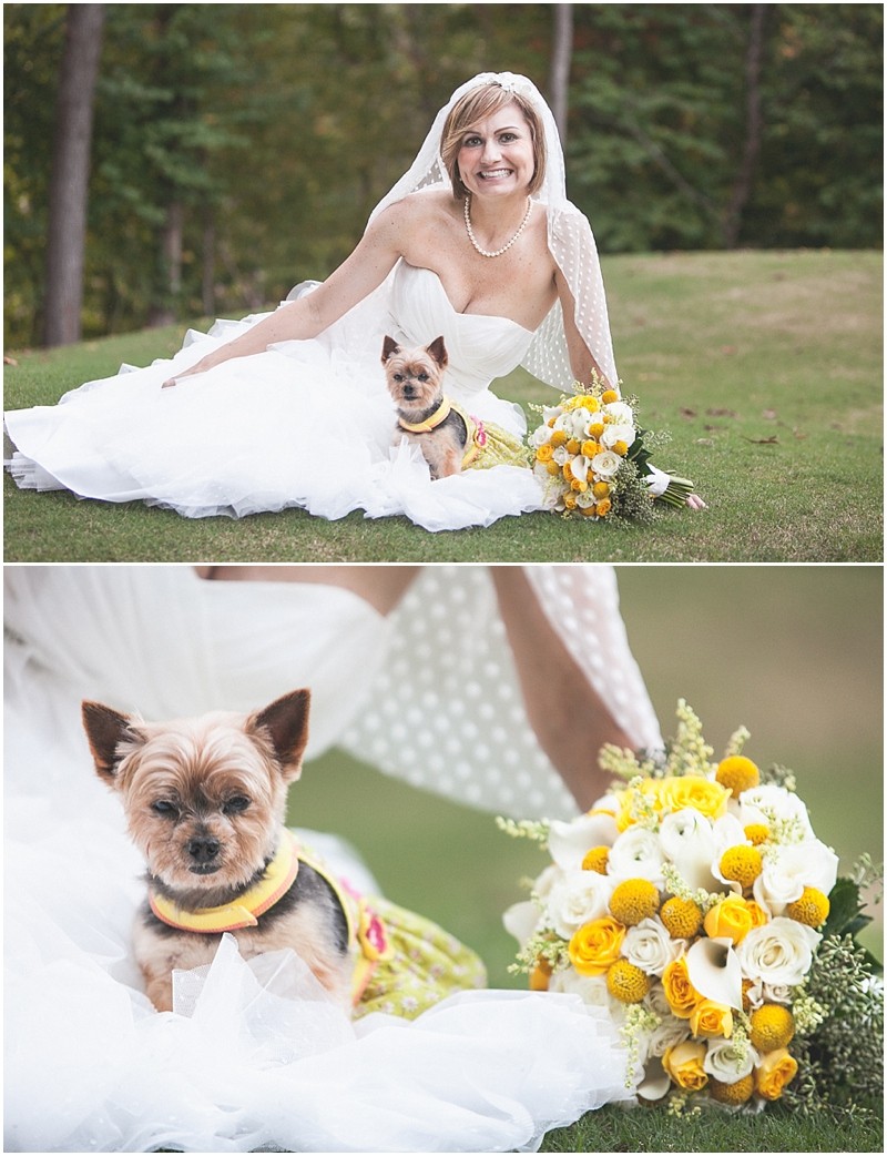 The cute dog and the bouquet during her bridal session at country chic DIY wedding in Tanglewood park Shelter 3 in Winston Salem Clemmons North Carolina