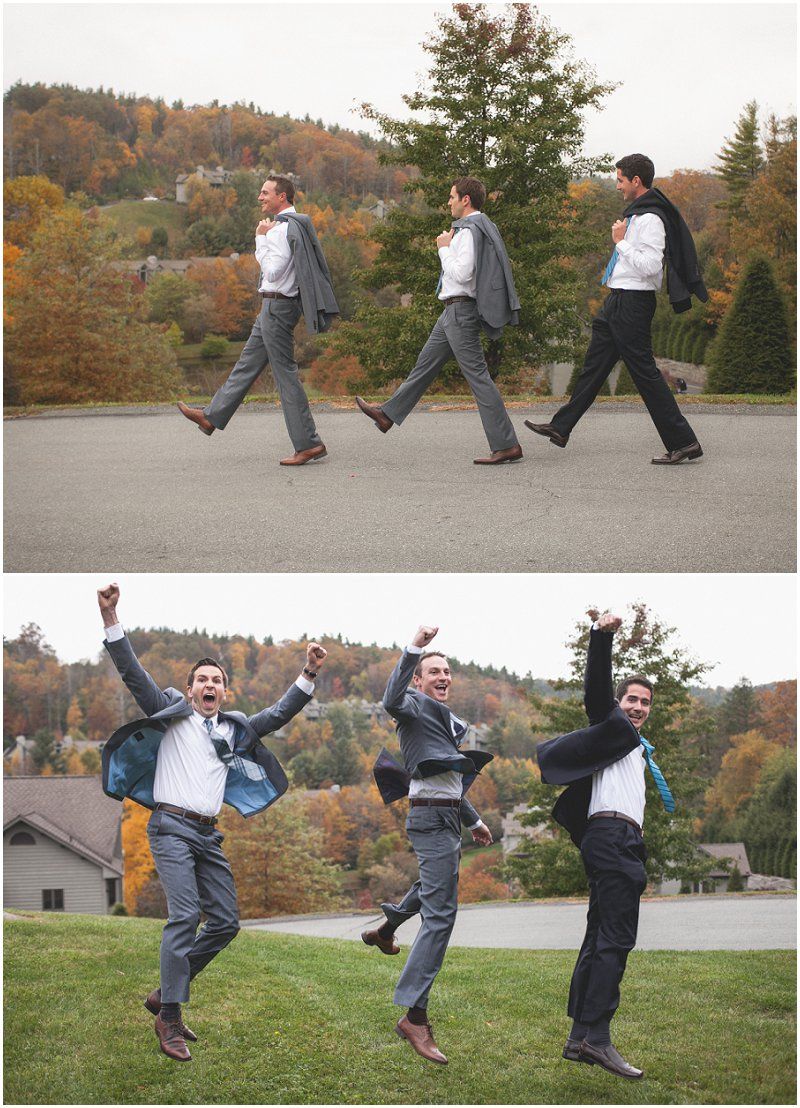 Groomsmen replicating the abbey road walk before the Waterfront wedding at the chetola resort and spa in Blowing rock North Carolina