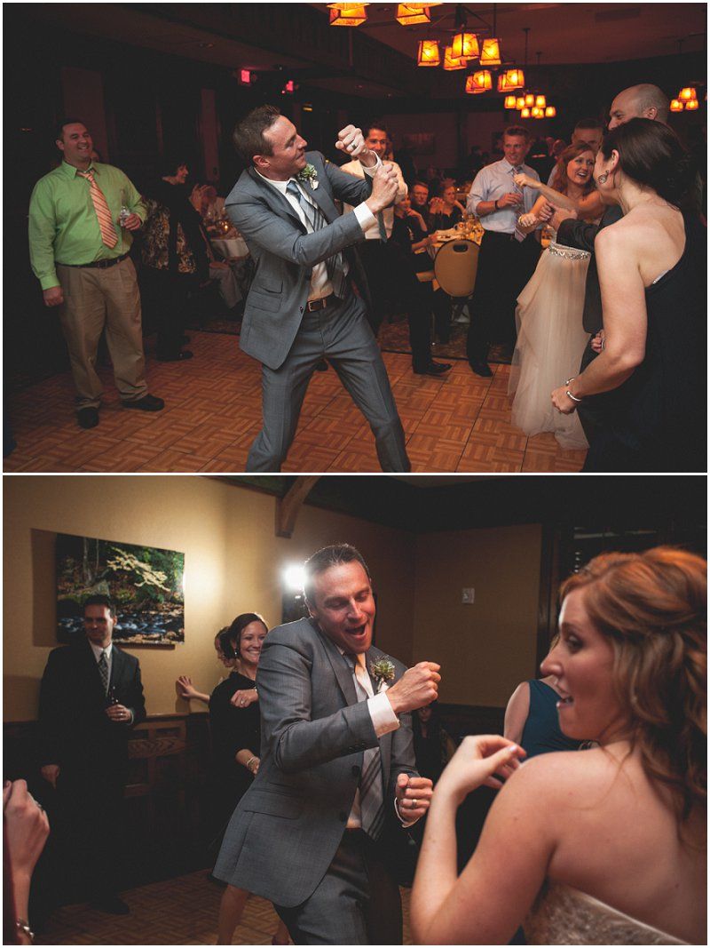 Groom dancing crazy during the reception at the Waterfront wedding at the chetola resort and spa in Blowing rock North Carolina