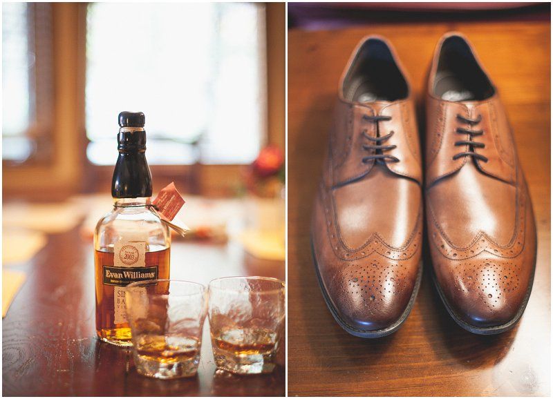 Evan Williams Whiskey with Brown Wing toed dress shoes Waterfront wedding at the chetola resort and spa in Blowing rock North Carolina