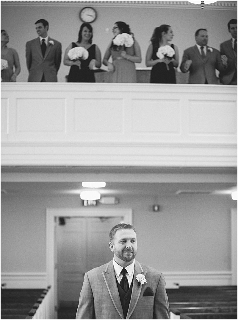 The groom waiting patiently for his bride during the High Point North Carolina Wedding at First Baptist Church High Point and high point country club at Emerywood