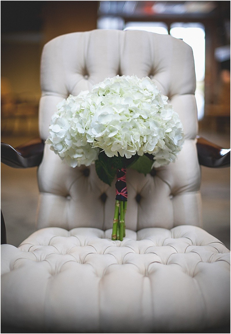 Hydrangea Bouquet for the Bride on a pretty ivory chair during the high point country club wedding at High point baptist church in North Carolina