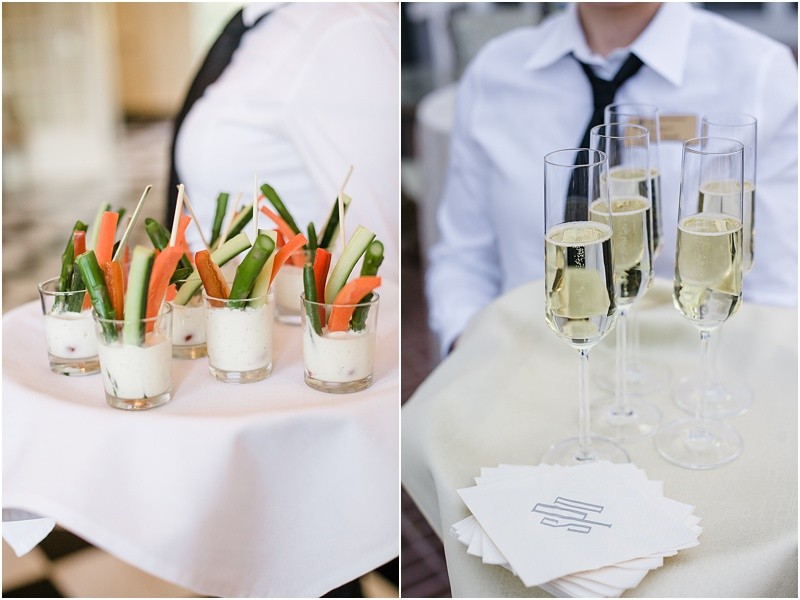 Champagne and vegetable dip at the charlotte duke mansion wedding reception