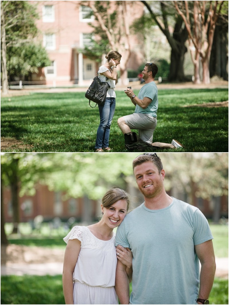 On one knee during the proposal session on the lawn at Davidson college in Davidson north Caroline near Lake norman