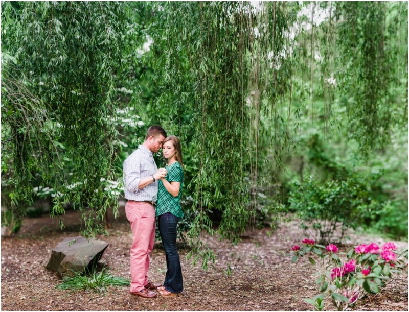 Brenizer Method at the weeping willow tree Andrew and Anna at the Engagement portraits at the Greensboro Bicentennial Gardens