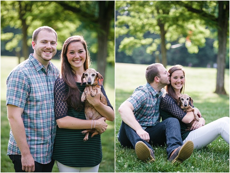 Holding the dog during the engagement session at burr mill park and the greensboro bicentennial gardens