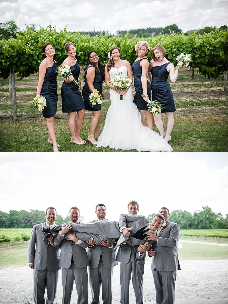 Funny Bridal party pictures during the vineyard wedding at the Hinnant Family Vineyard in Pine Level Nc near Raleigh
