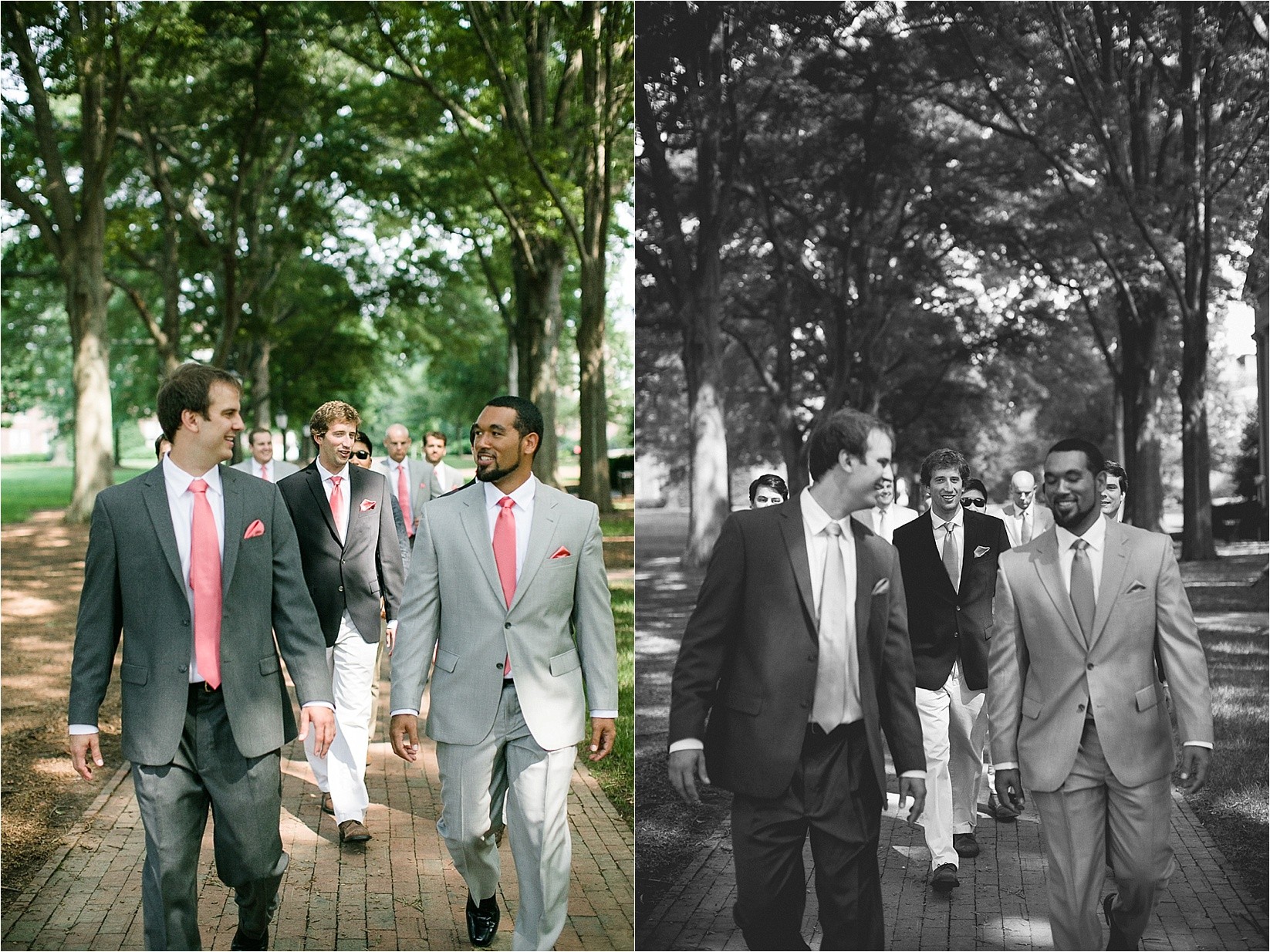groomsmen walking at the davidson college chapel wedding in Davidson north Carolina and the Charles mack citizen center wedding and reception