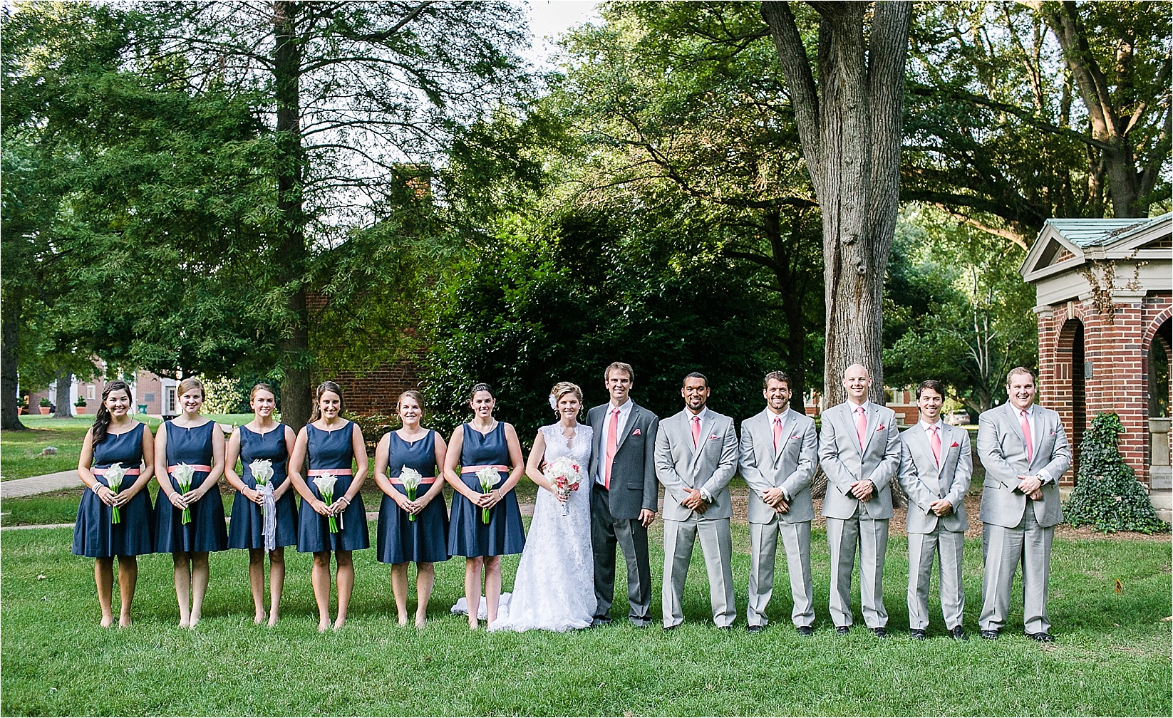 Bridal party at the davidson college chapel wedding in Davidson north Carolina and the Charles mack citizen center wedding and reception