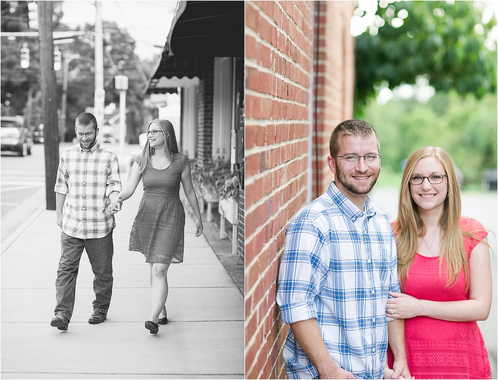 walking hand and hand during Andria & Matts Mount Pleasant engagement session in downtown mount pleasant nc
