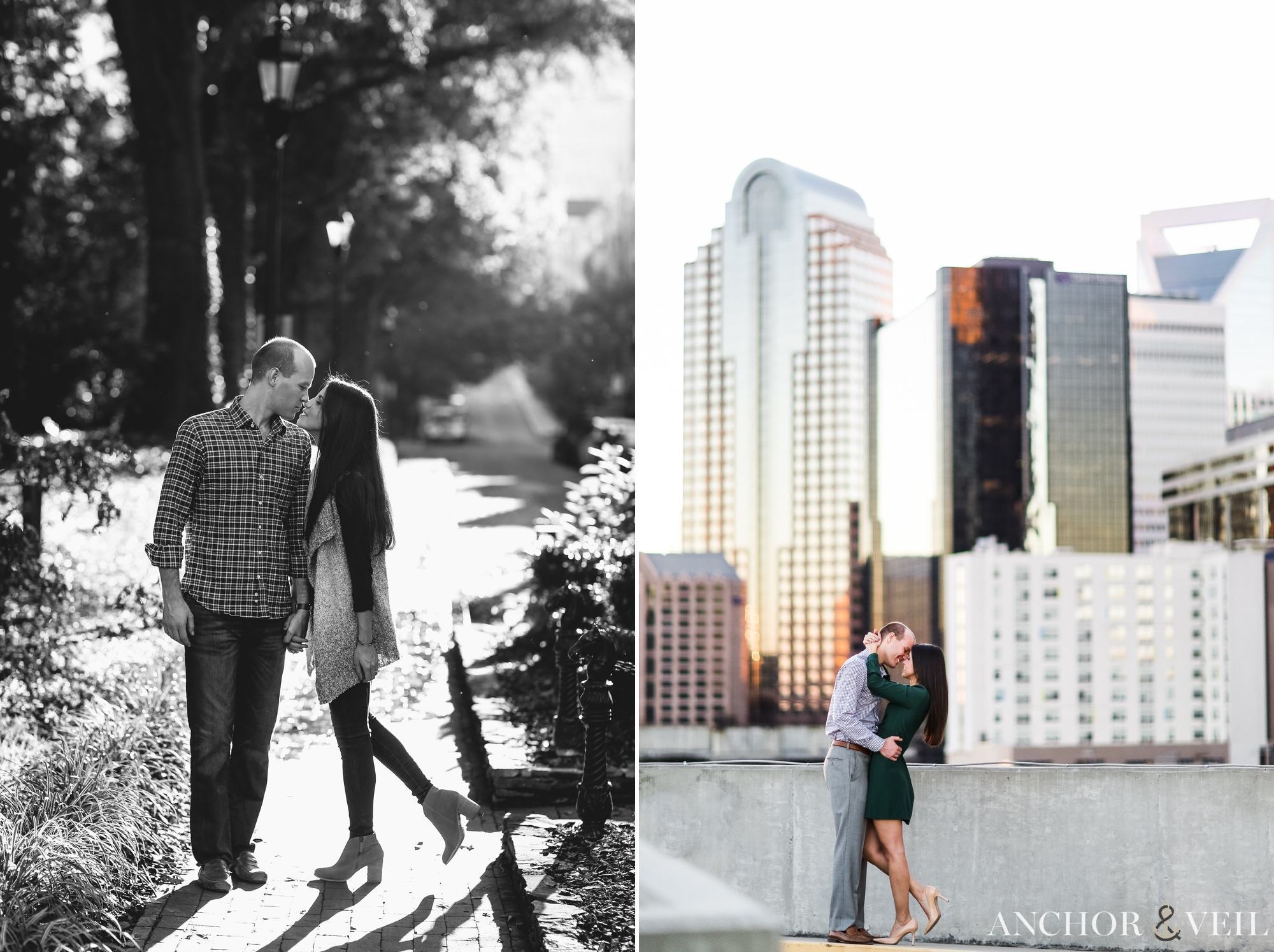 couple in uptown charlotte with the skyline