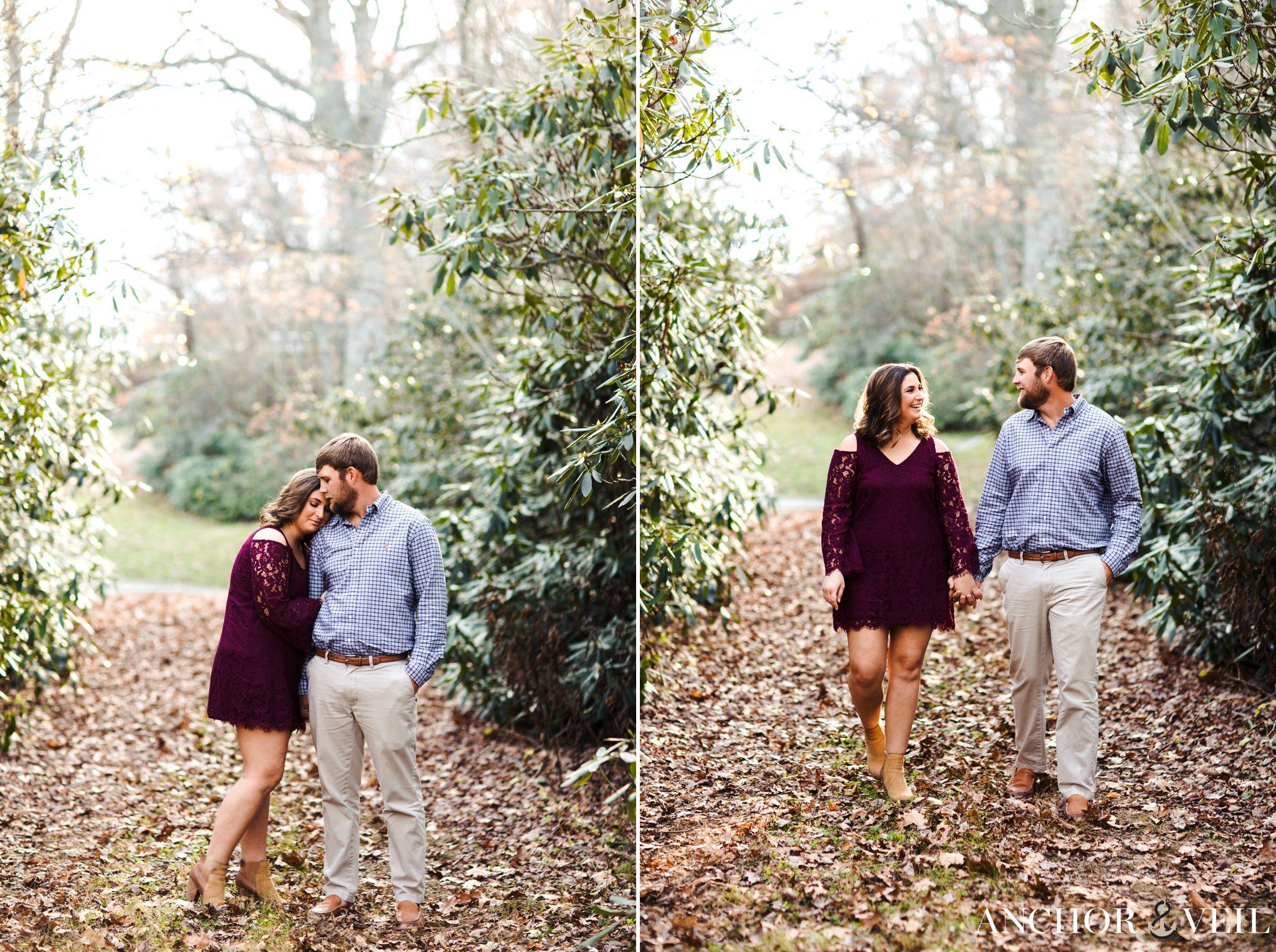 walking through the park together during the engagement session