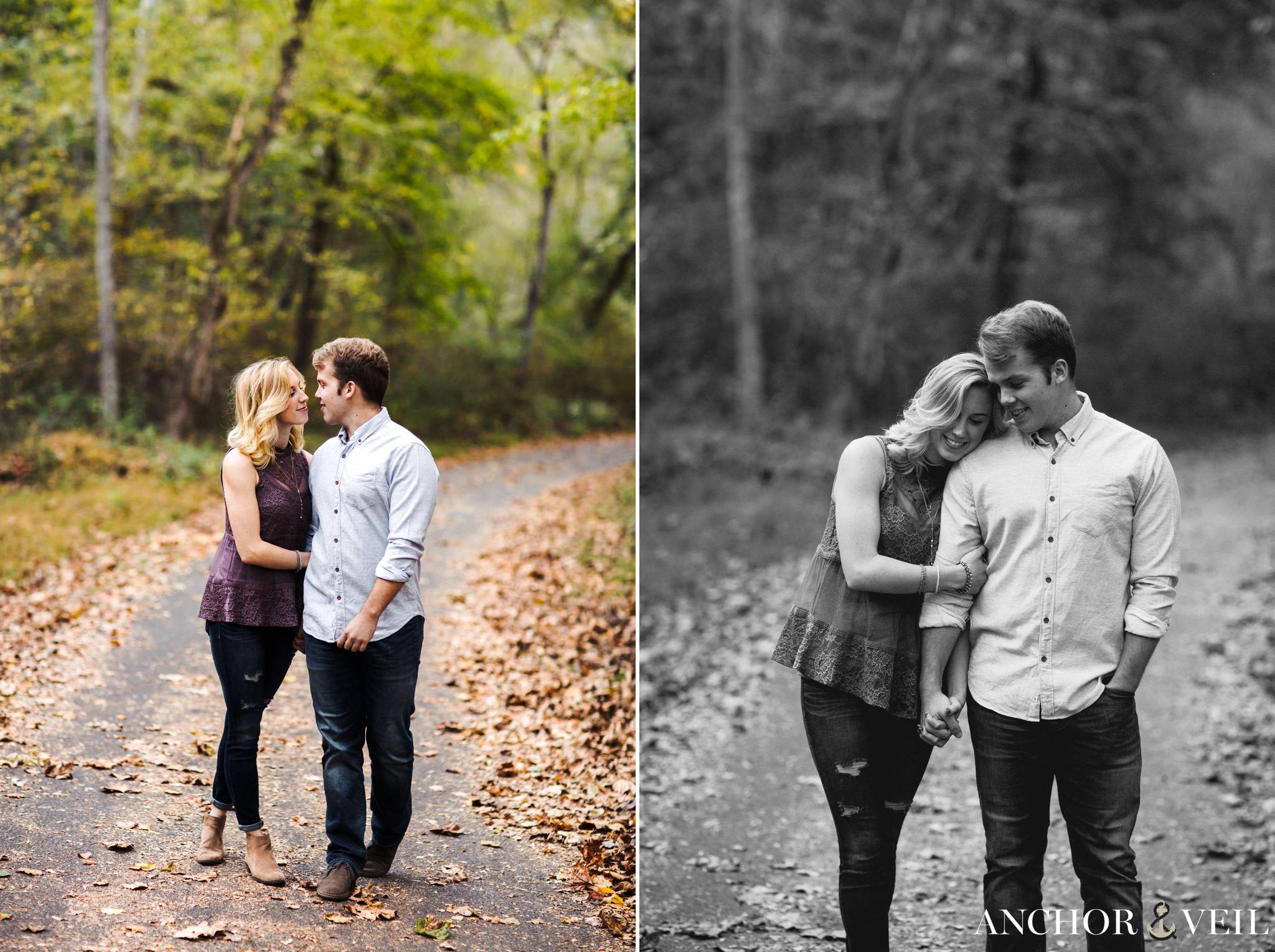 Waking in the park hand in hand during the Hollins Mill Park Engagement Session