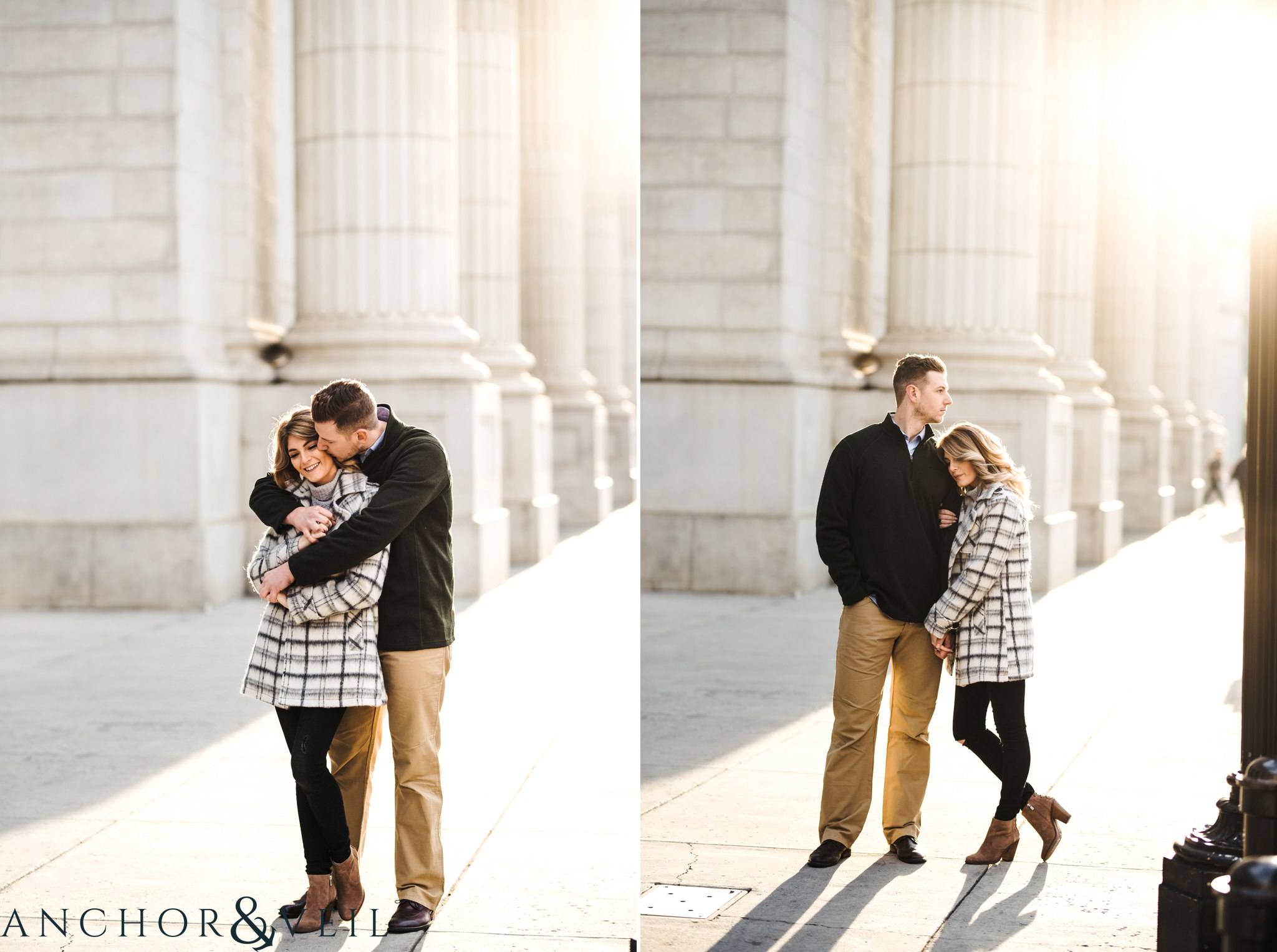standing next to the pillars during their Scenic Washington DC Engagement Session