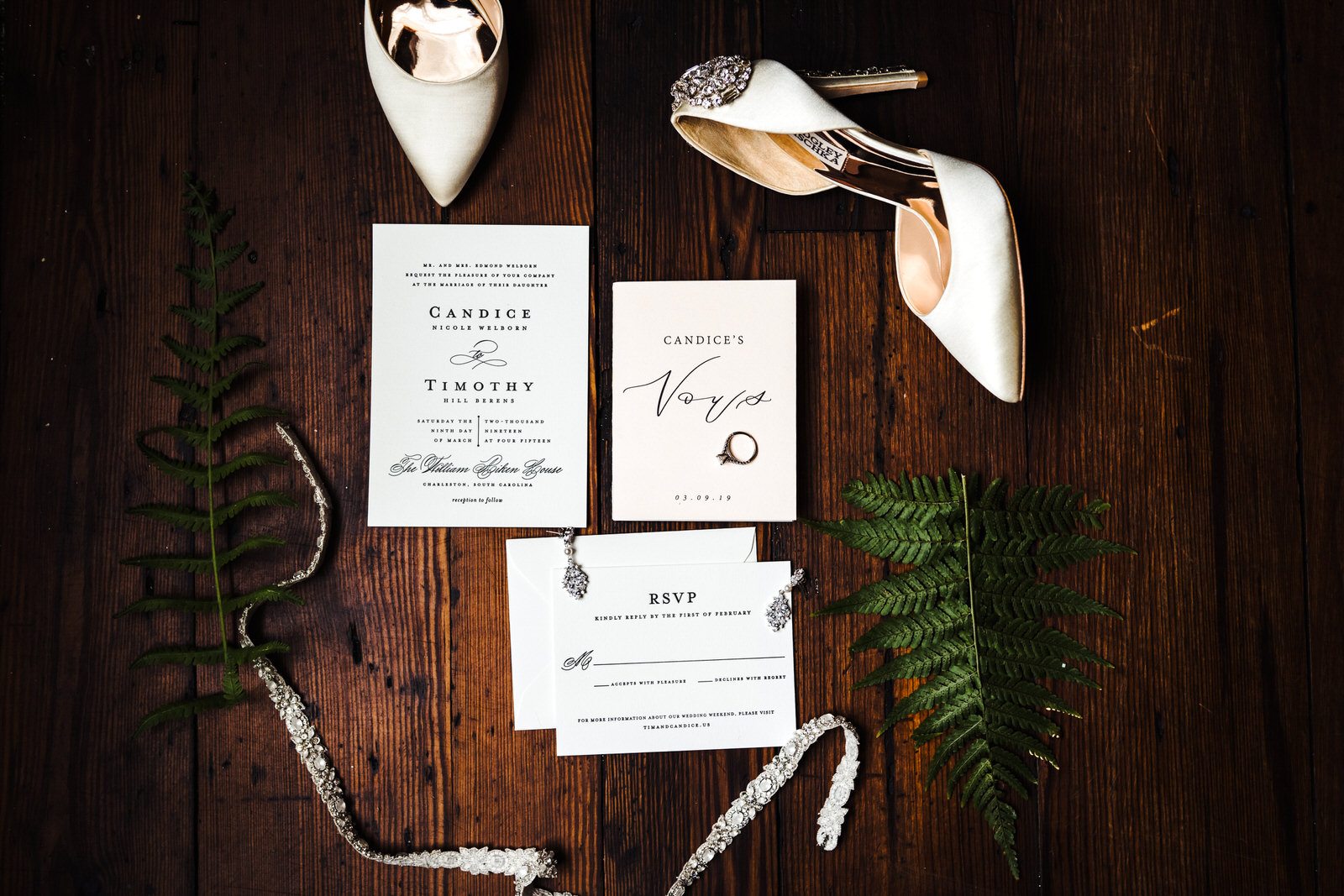 bride's shoes and stationary details during their William Aiken house Wedding