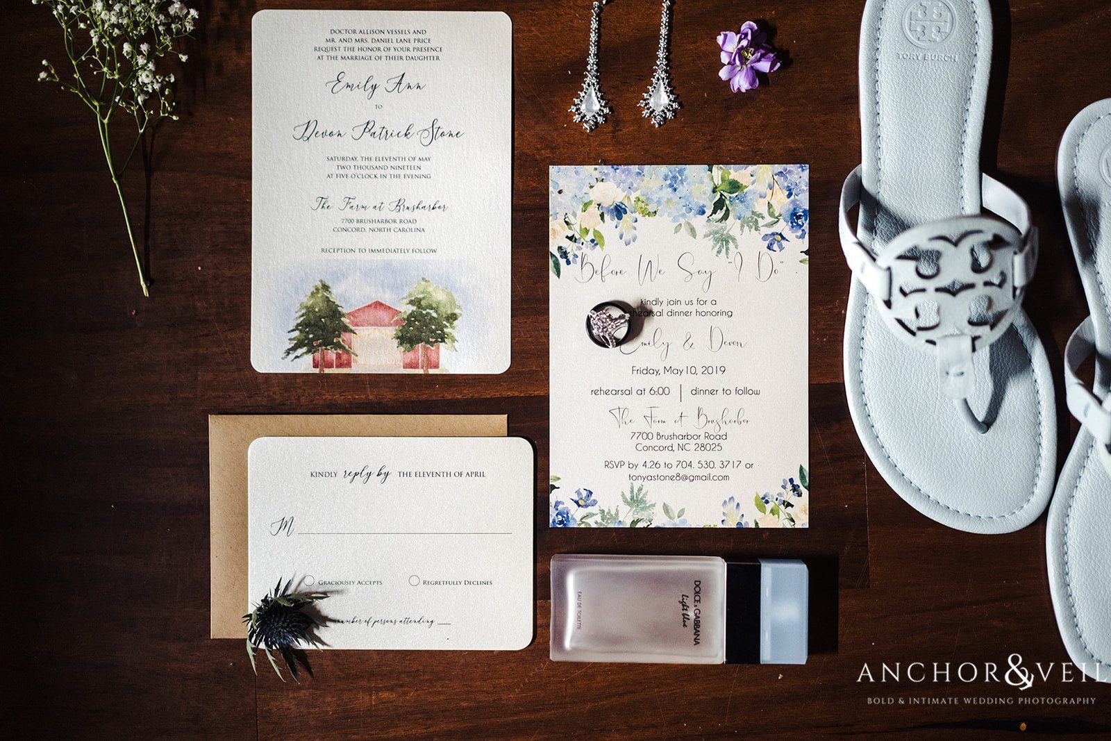 The Brides stationary and ceremony jewelry with shoes at The Farm at Brusharbor Wedding