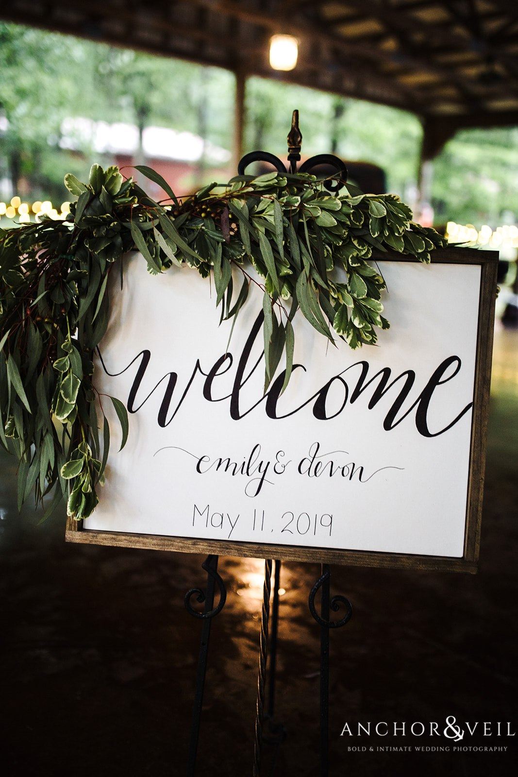 The "Welcome" to the ceremony sign at The Farm at Brusharbor Wedding