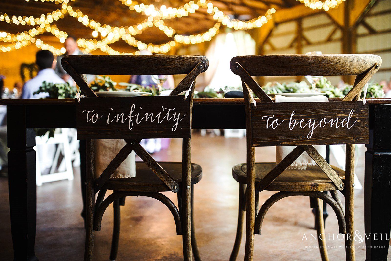 The couple's "to infinity" and "to beyond" chairs for the reception at The Farm at Brusharbor Wedding