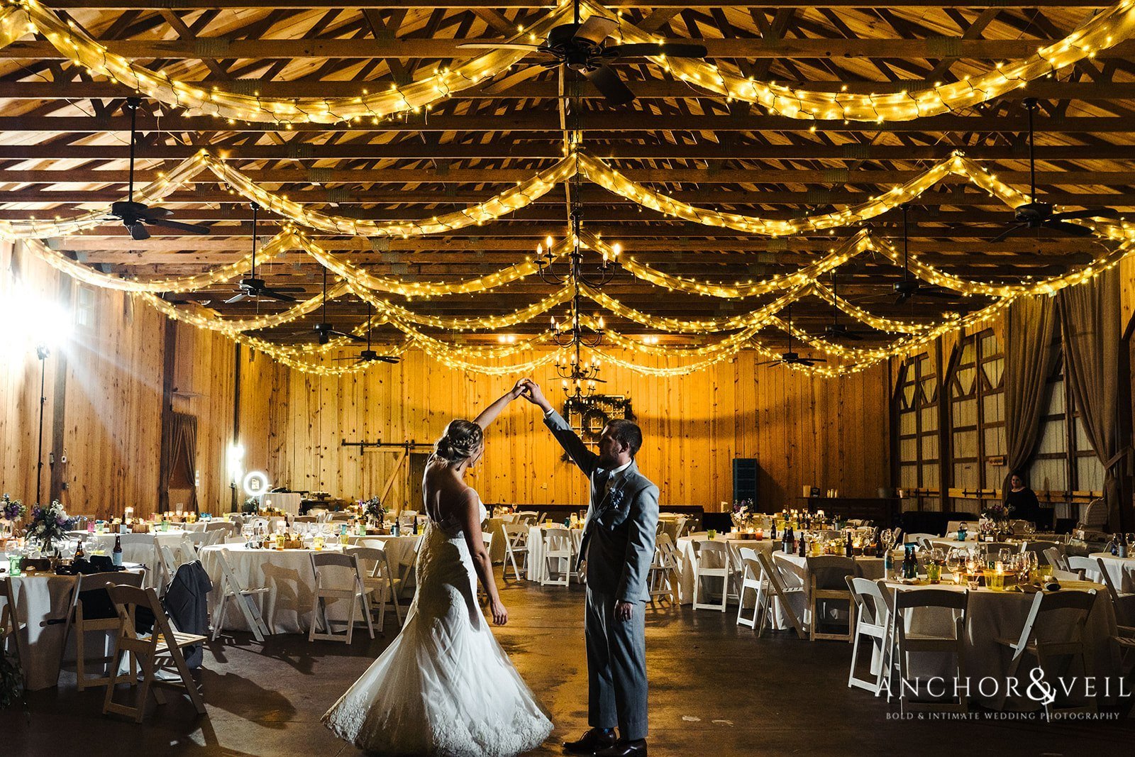 Dancing under for the lights for the Bride and Groom at The Farm at Brusharbor Wedding