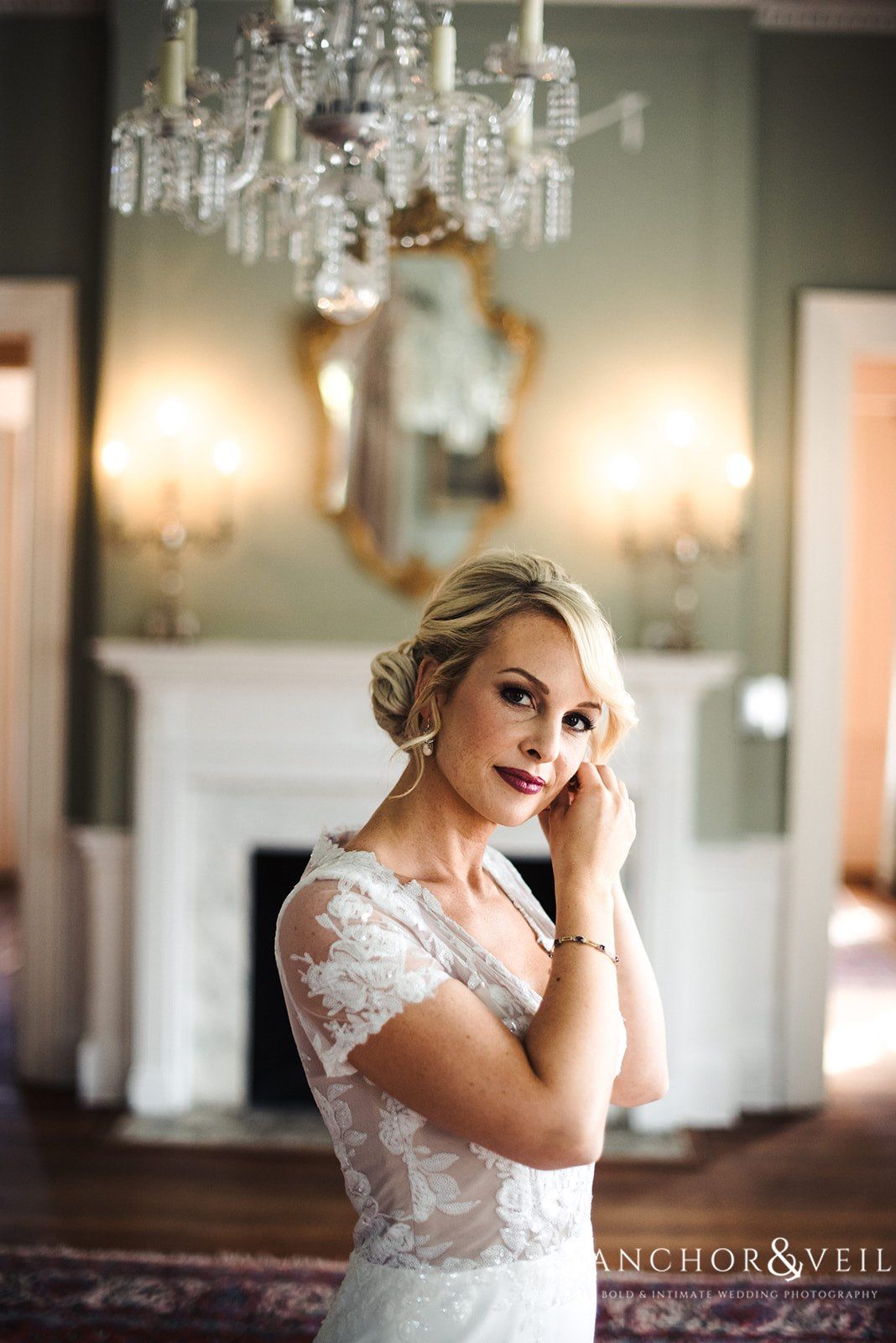 The bride adding the finishing touches at the Lowndes Grove Plantation Wedding