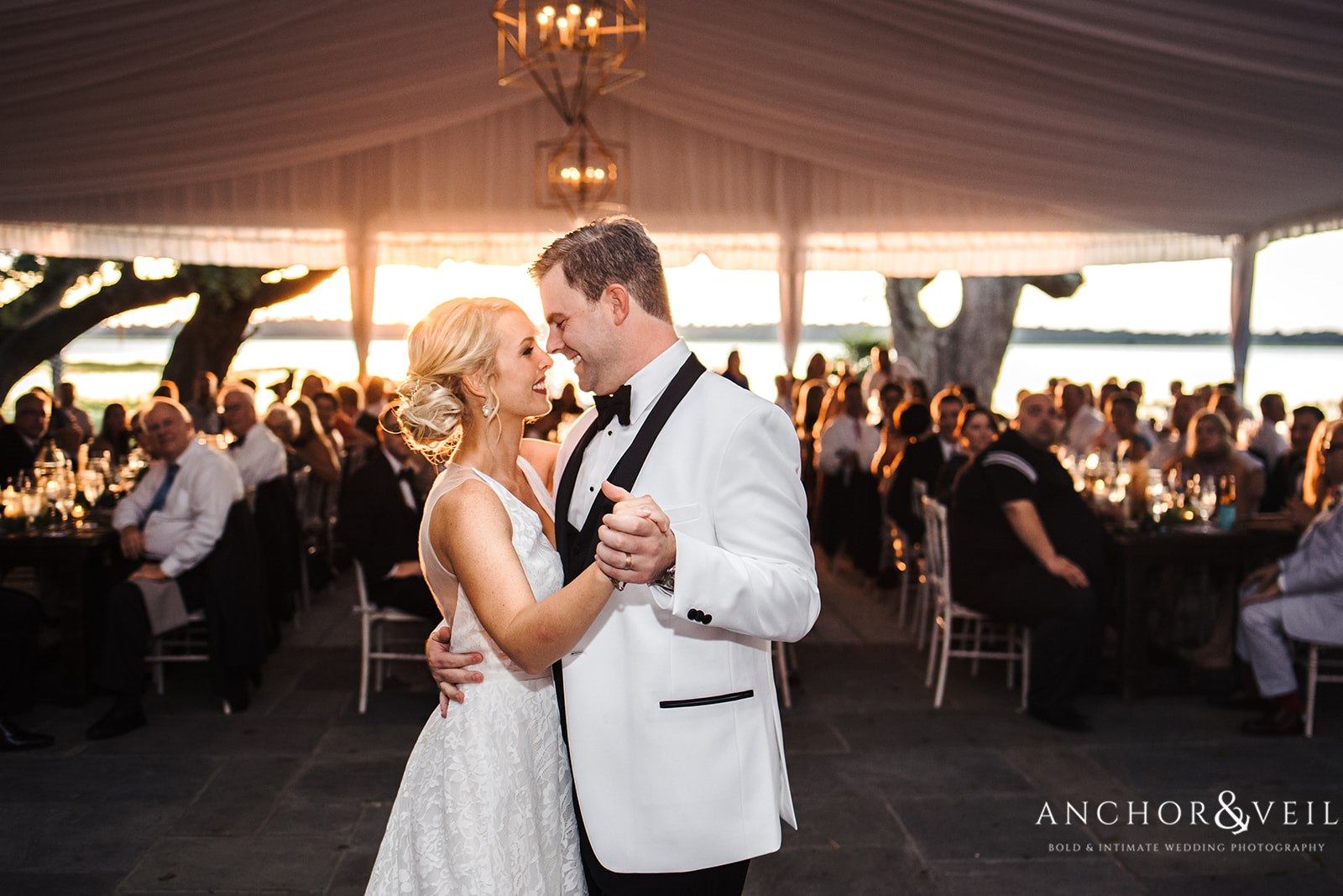 Dancing at sunset for the bride and groom at the Lowndes Grove Plantation Wedding