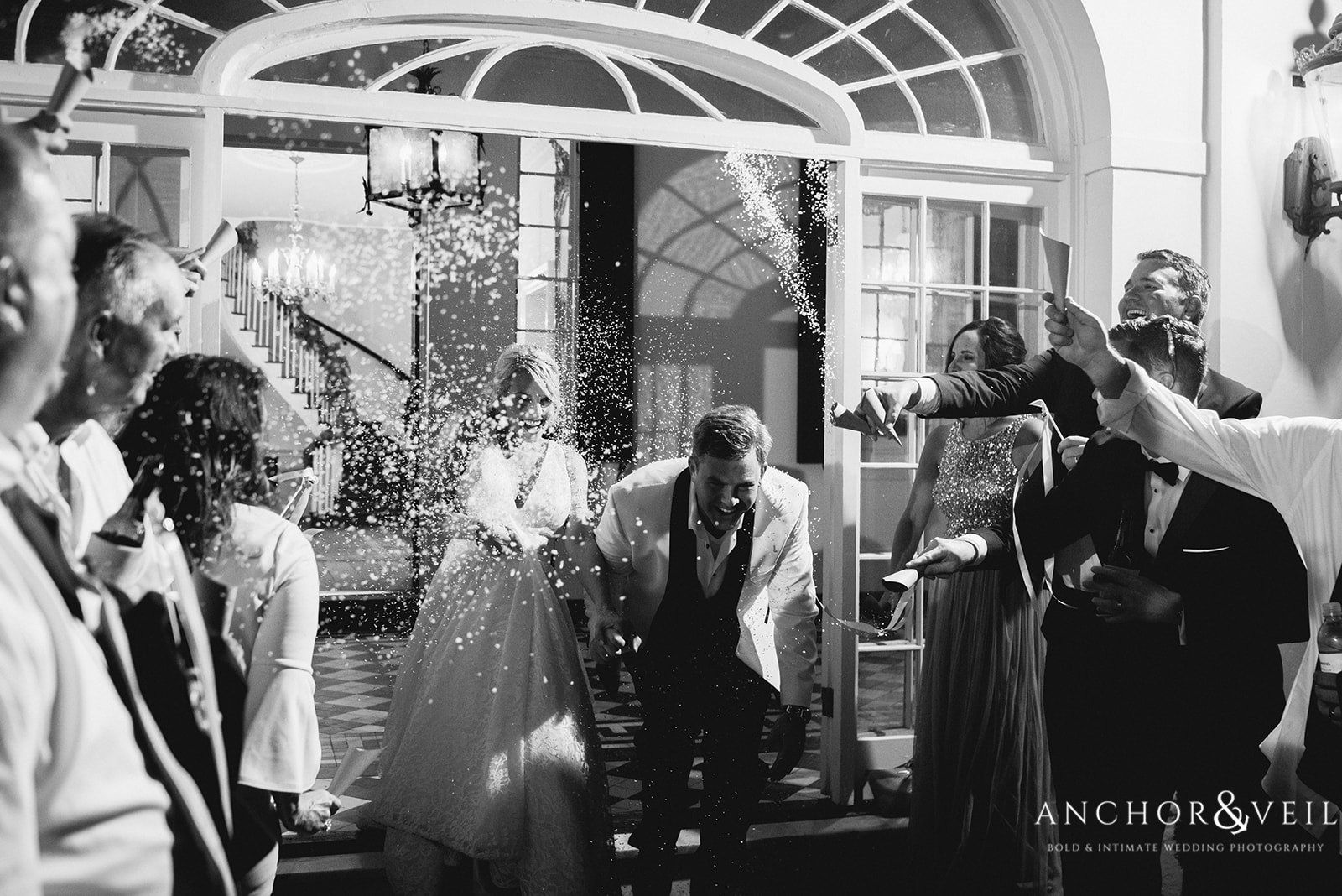 The confetti exit for the bride and groom at the Lowndes Grove Plantation Wedding