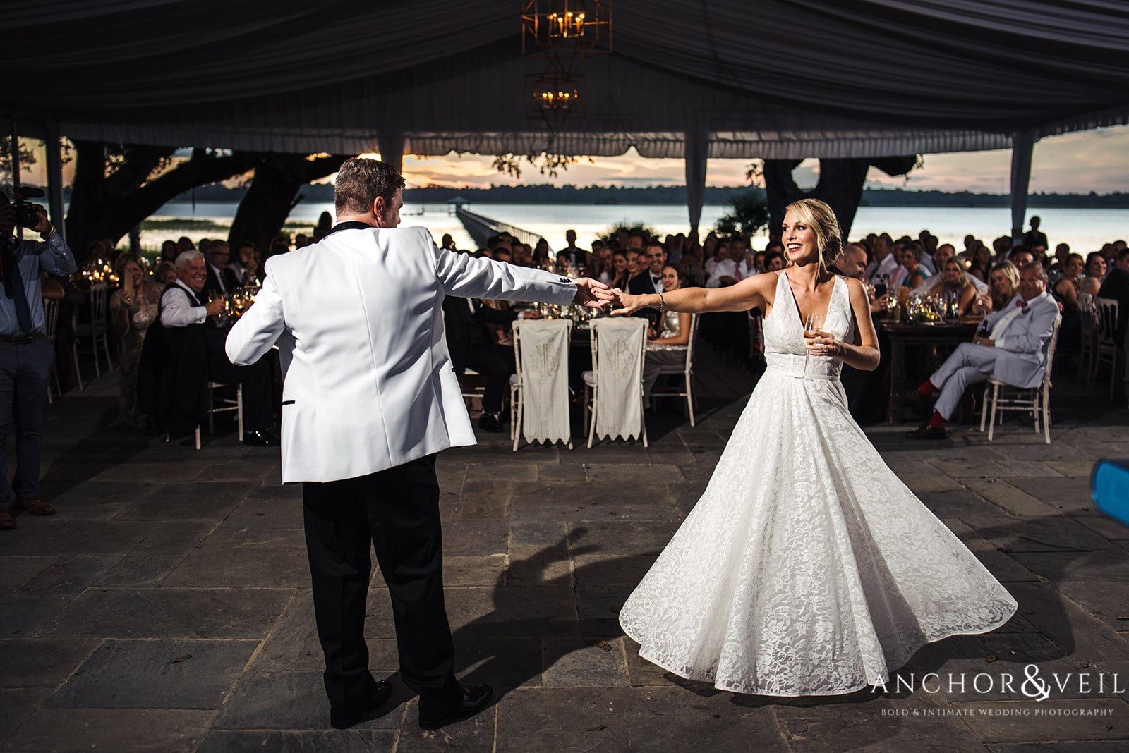 The bride and groom enjoy the dance at the Lowndes Grove Plantation Wedding