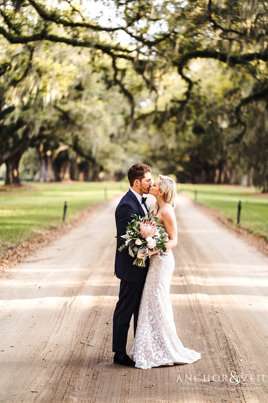 The bride and groom on the grounds at the Boone Hall Plantation Wedding 