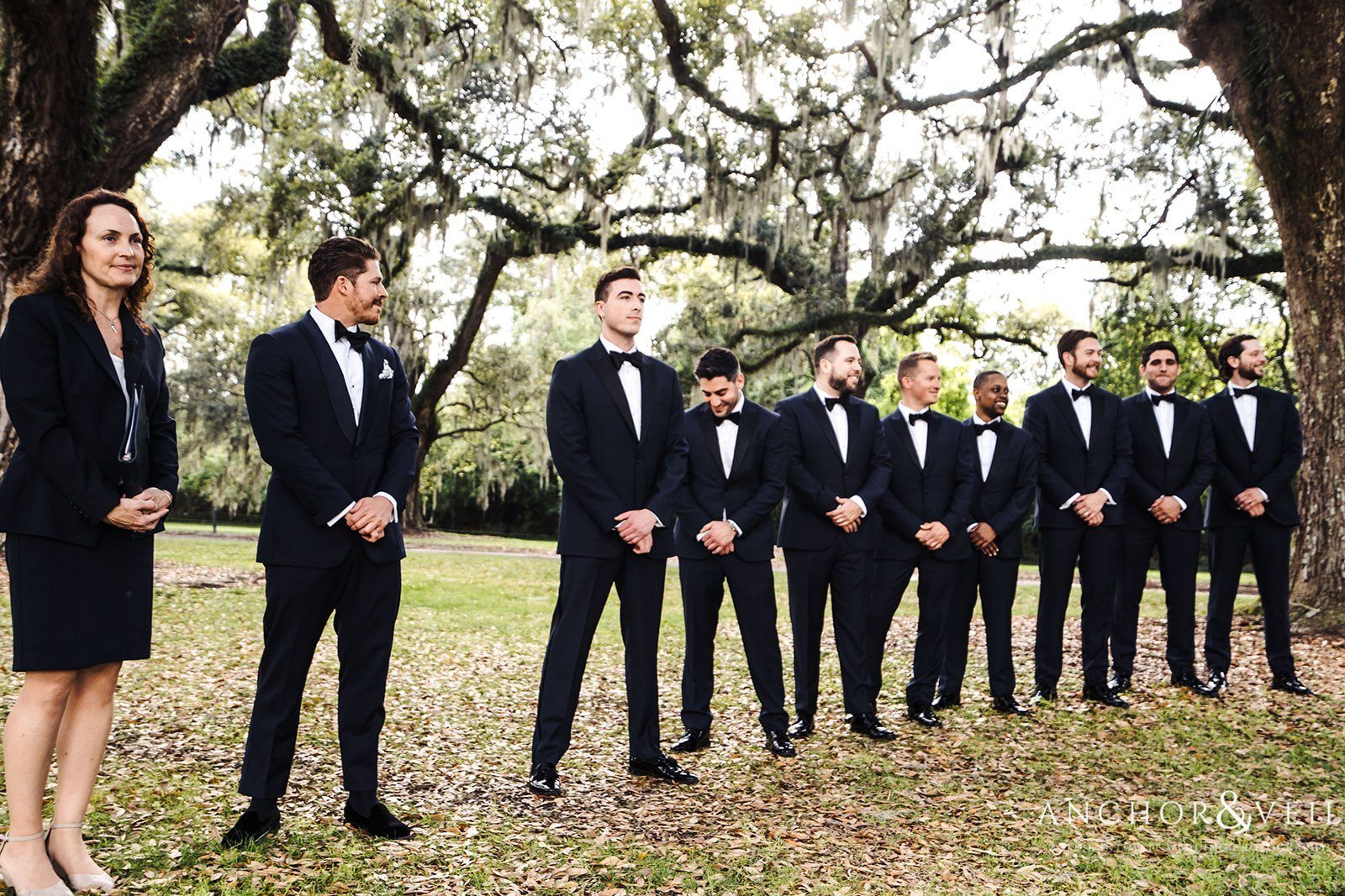 The groom waiting for his bride to arrive during the ceremony at the Boone Hall Plantation Wedding 