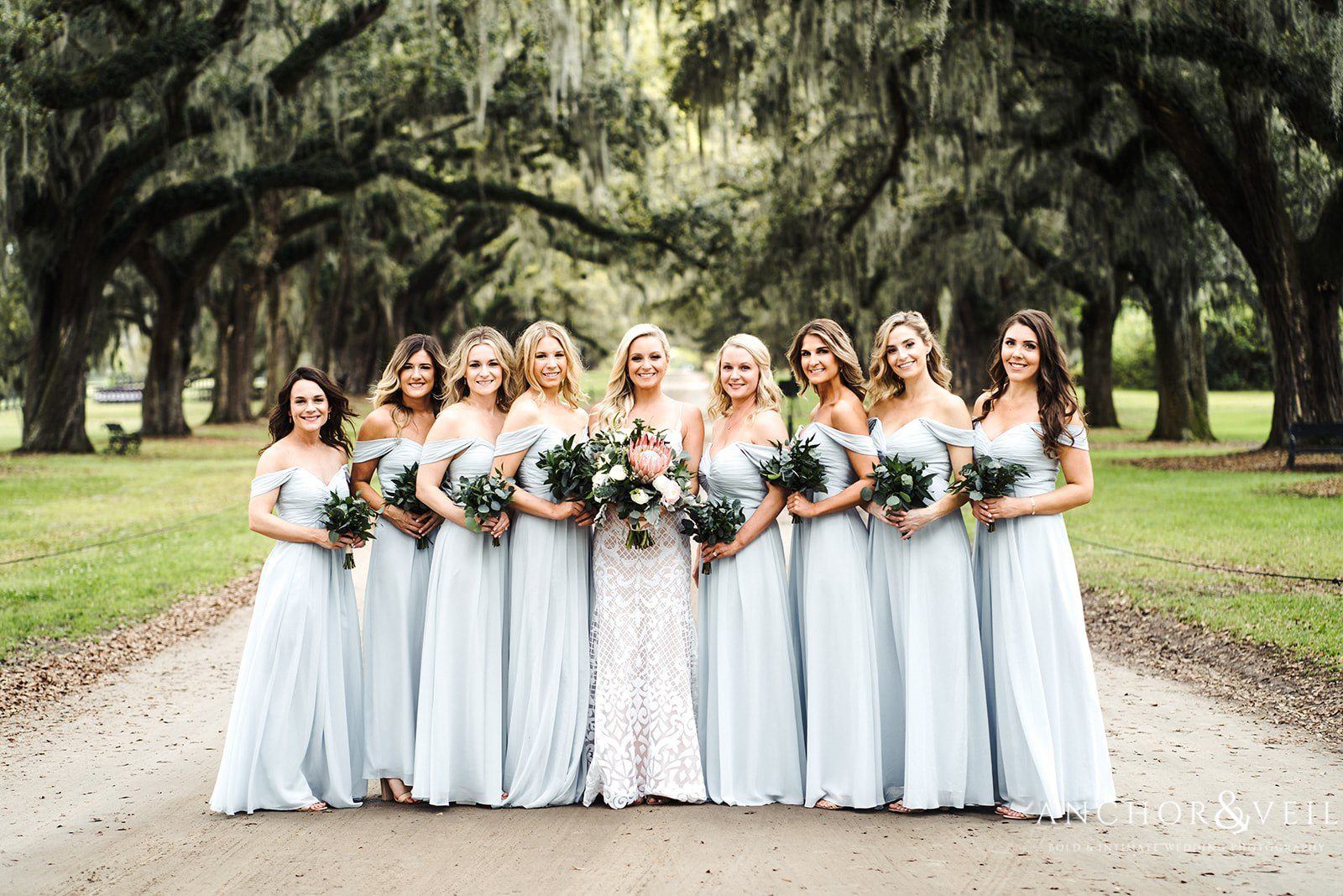 The bride and her bridesmaids at the Boone Hall Plantation Wedding 