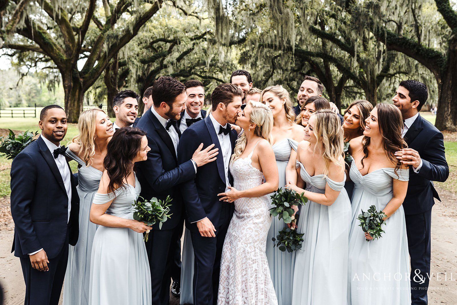 The bridal party are excited for the new couple at the Boone Hall Plantation Wedding 