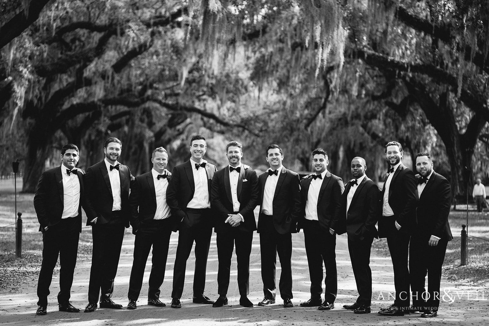 The groom and groomsmen at the Boone Hall Plantation Wedding 