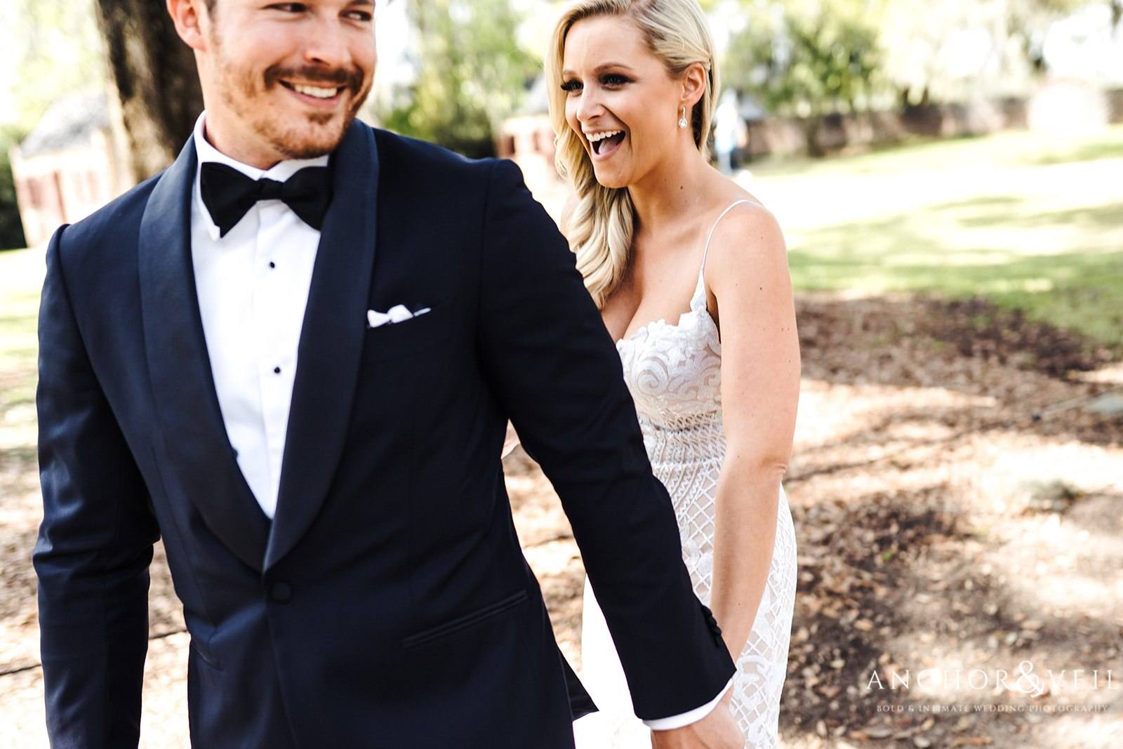 The "first look" for the bride and groom at the Boone Hall Plantation Wedding 