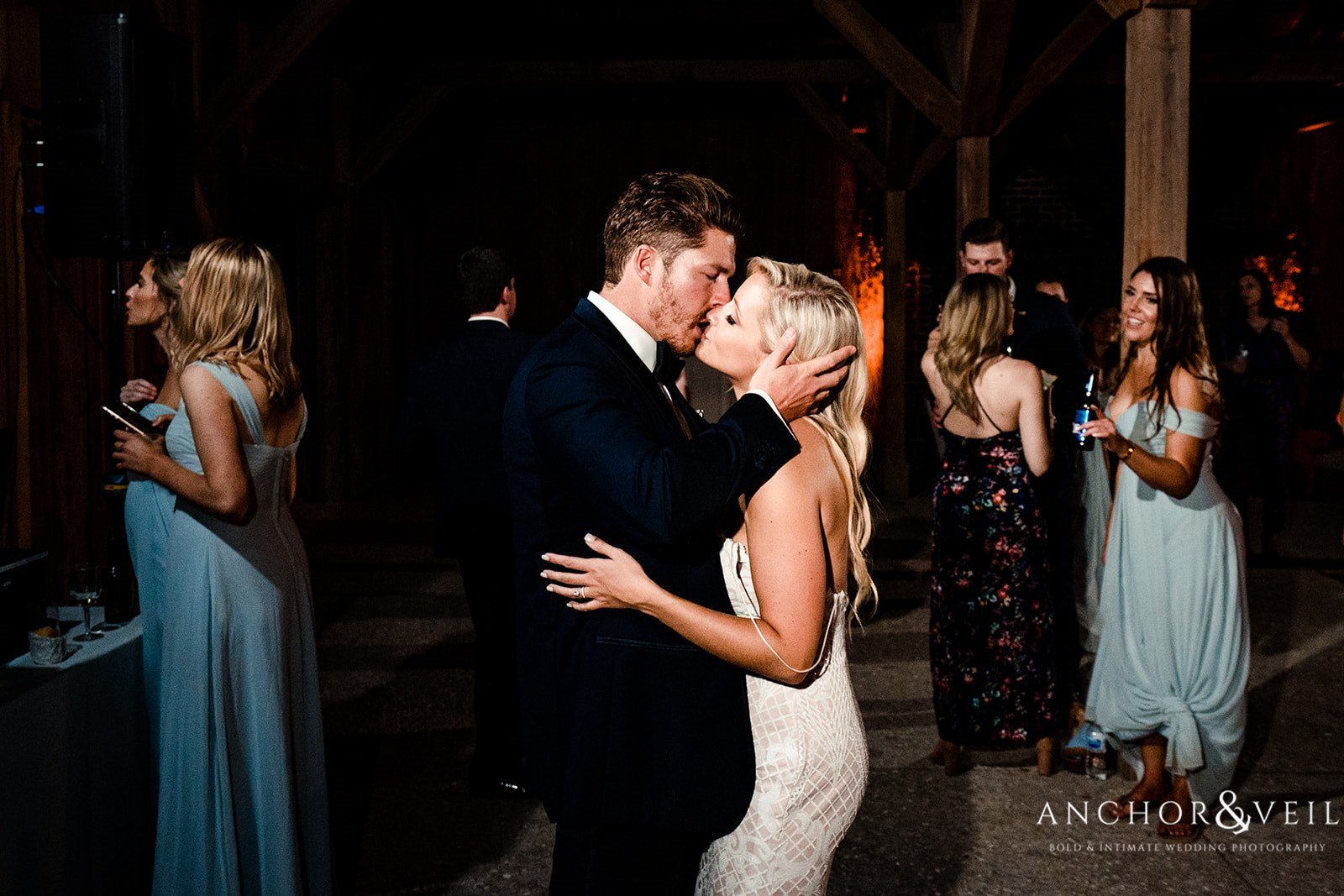 The groom steals a kiss on the dance floor at the Boone Hall Plantation Wedding 