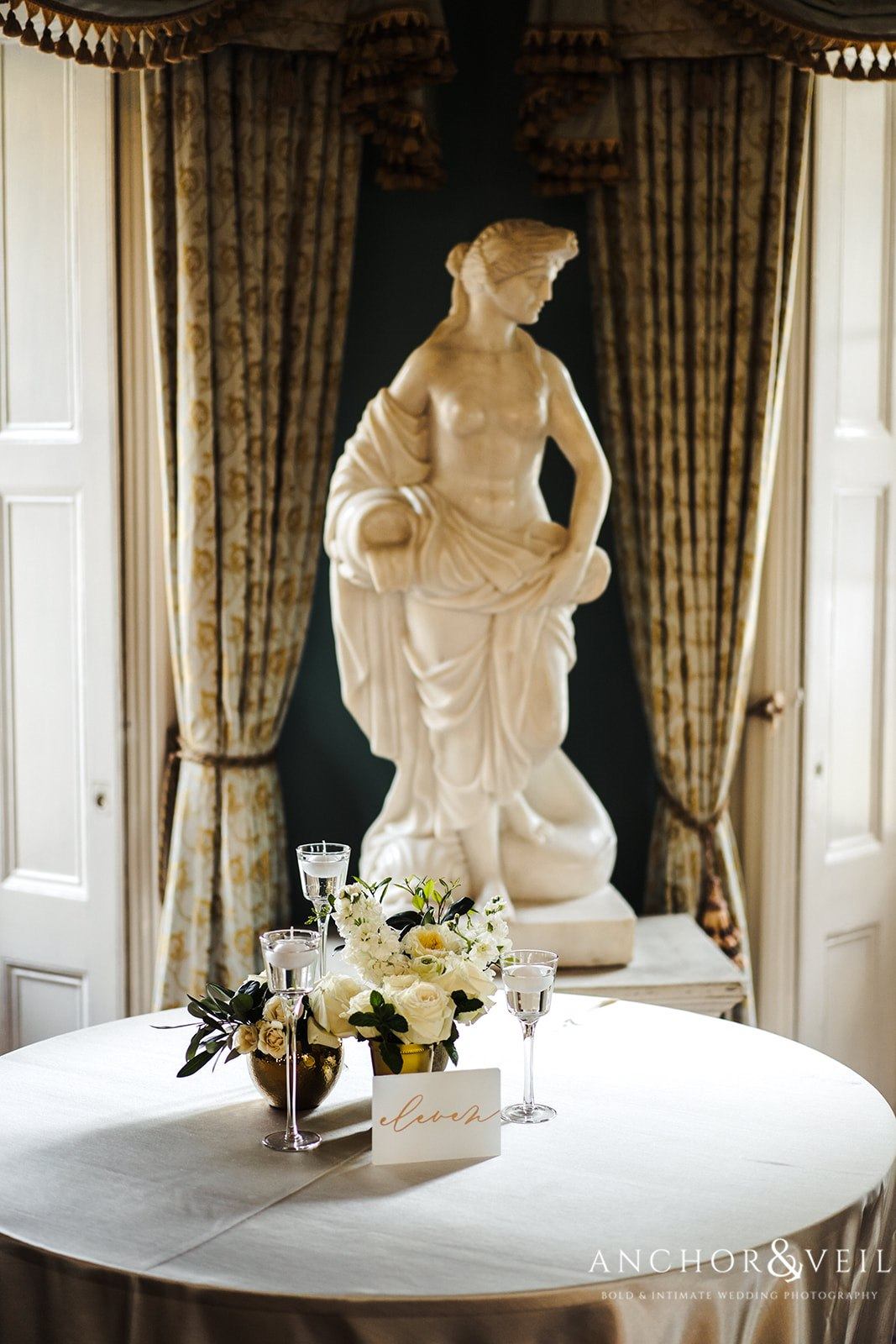 A statue in the reception area of the William Aiken House Wedding