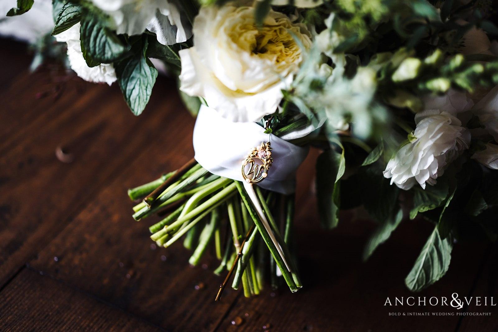 The special details on the bride's bouquet at the William Aiken House Wedding