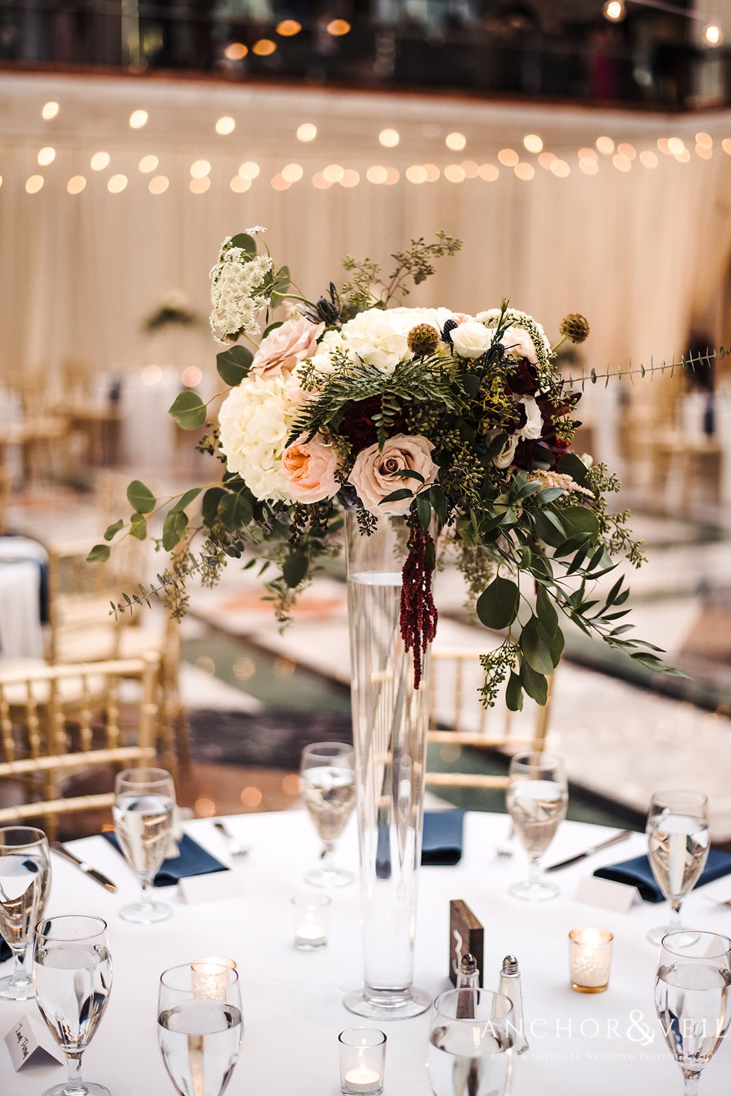 floral details of guest tables at Founders Hall